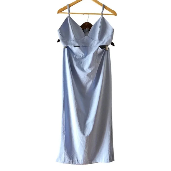 Bardot Cut Out Slit Classy Midi Fitted Cocktail Dress in Light Blue Size XXL. - Picture 6 of 15